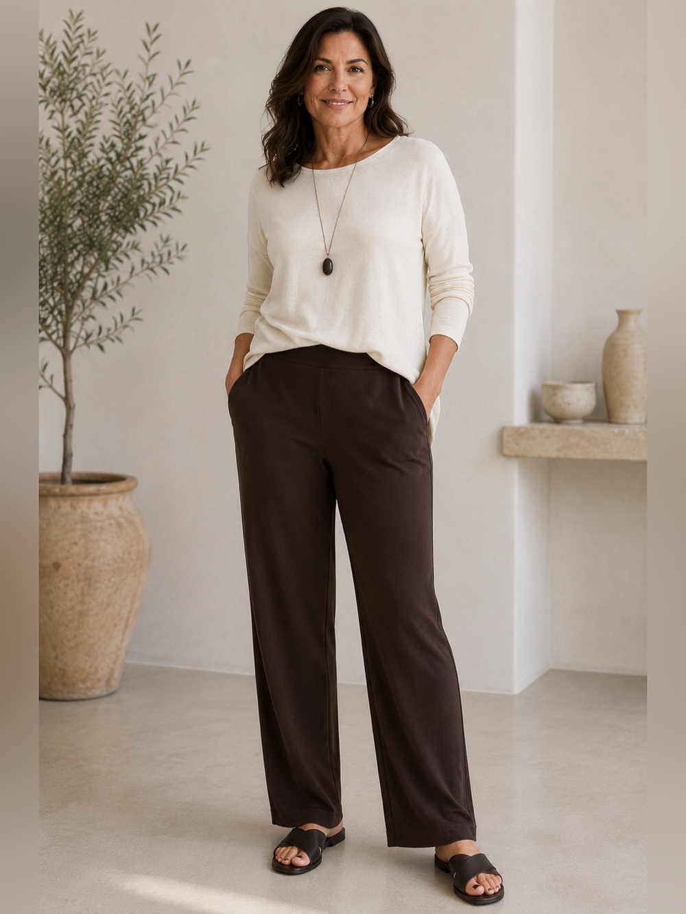 Eileen Fisher Espresso Brown Stretch Knit Pull-On Ankle Pants Large